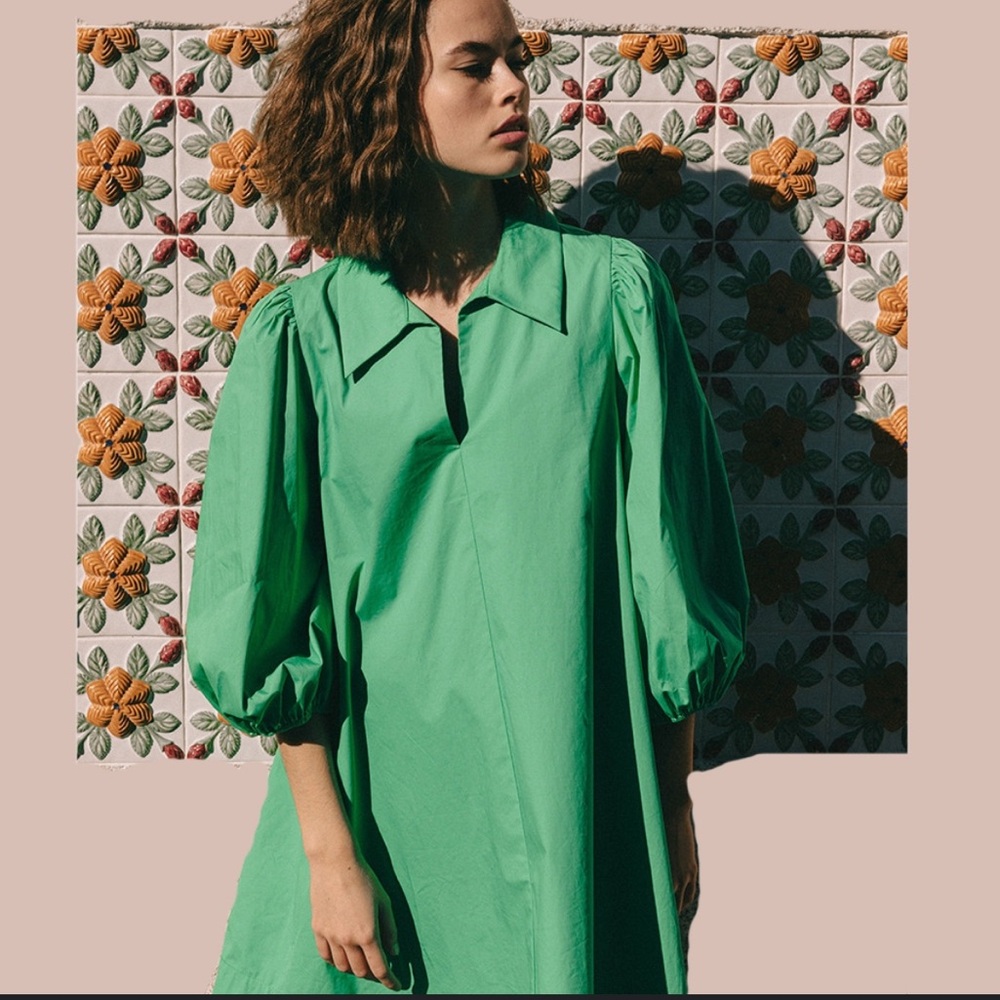 Grace & Mila Elana Green 3/4 Puffy Sleeves Cotton 60’s Inspired Dress‎ NWOT M
